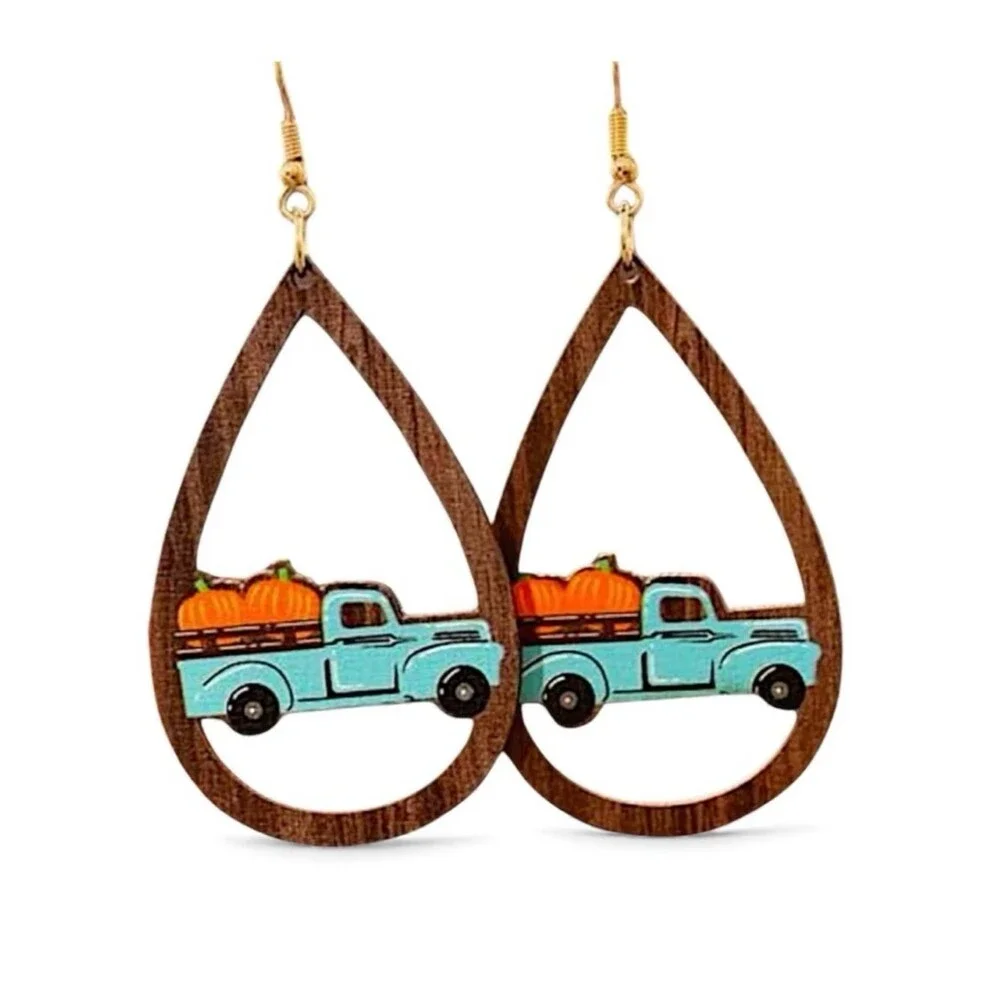 Wooden Vintage Truck with Pumpkins Rustic Teardrop Dangle Earrings